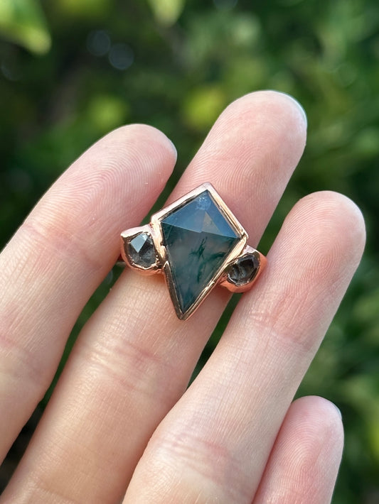 Moss Agate and Herkimer Diamond ring