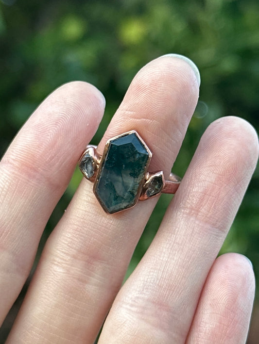 Moss Agate and Herkimer Diamond ring