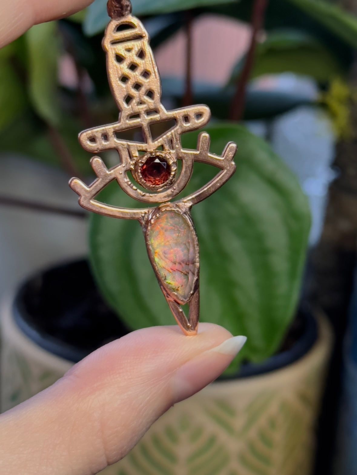 Garnet and Sterling Opal Copper Dagger Pendant