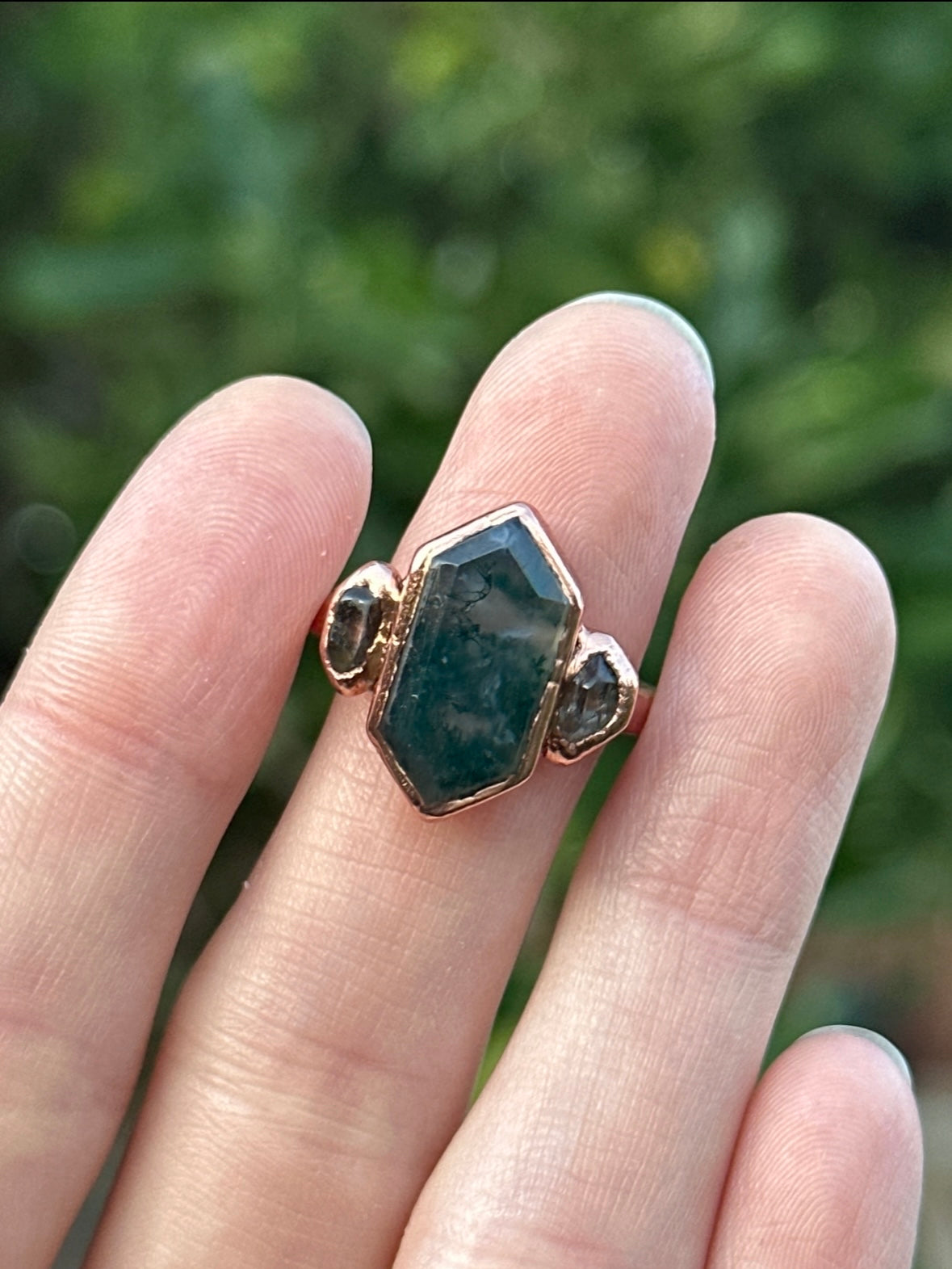 Moss Agate and Herkimer Diamond ring