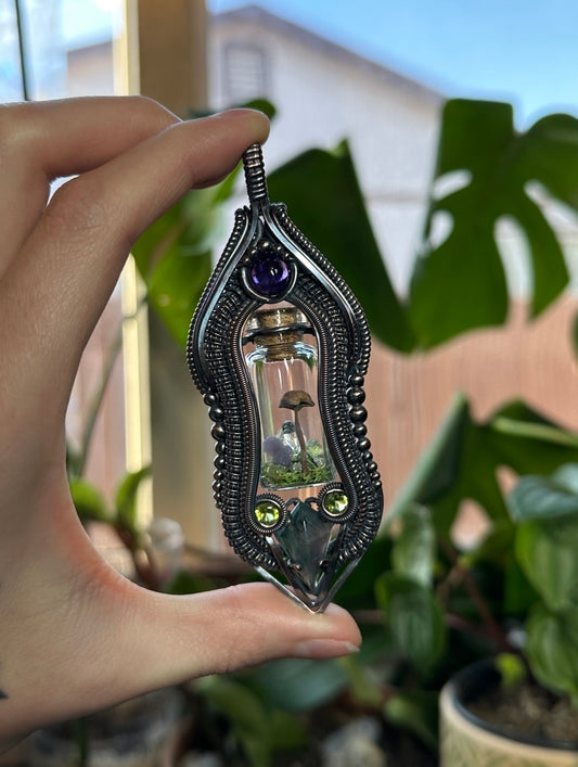 Moss agate, Peridot, and Amethyst Mushroom Terrarium Amulet