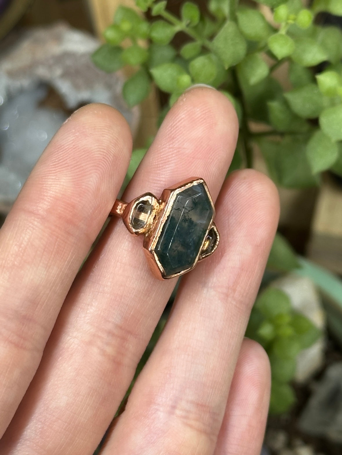 Moss Agate and Herkimer Diamond ring