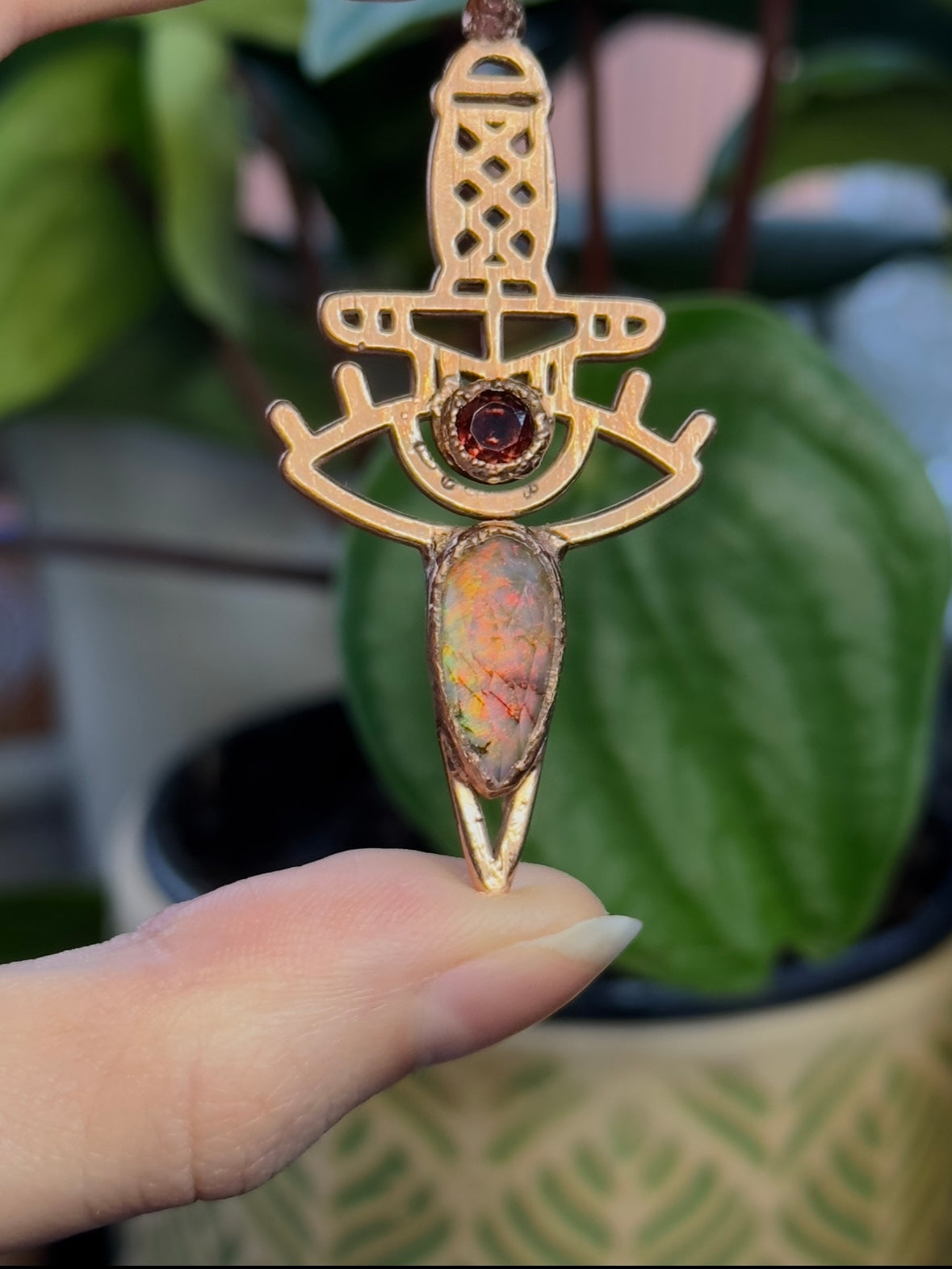 Garnet and Sterling Opal Copper Dagger Pendant