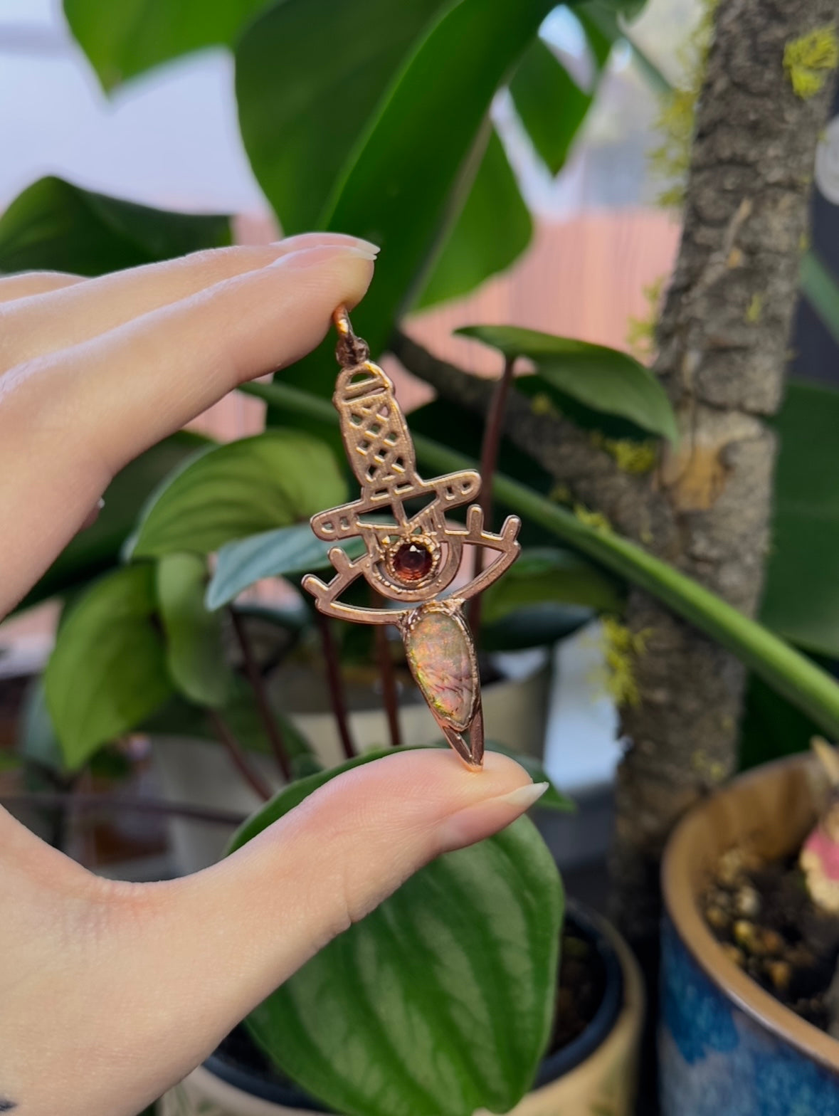 Garnet and Sterling Opal Copper Dagger Pendant