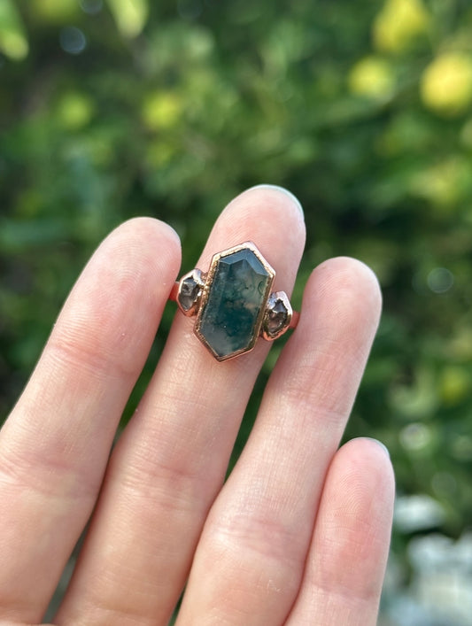 Moss Agate and Herkimer Diamond ring