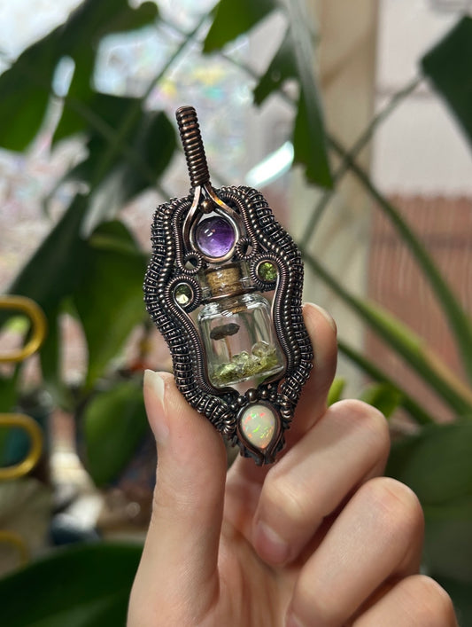 Opal, Amethyst, and Peridot Mushroom Terrarium amulet