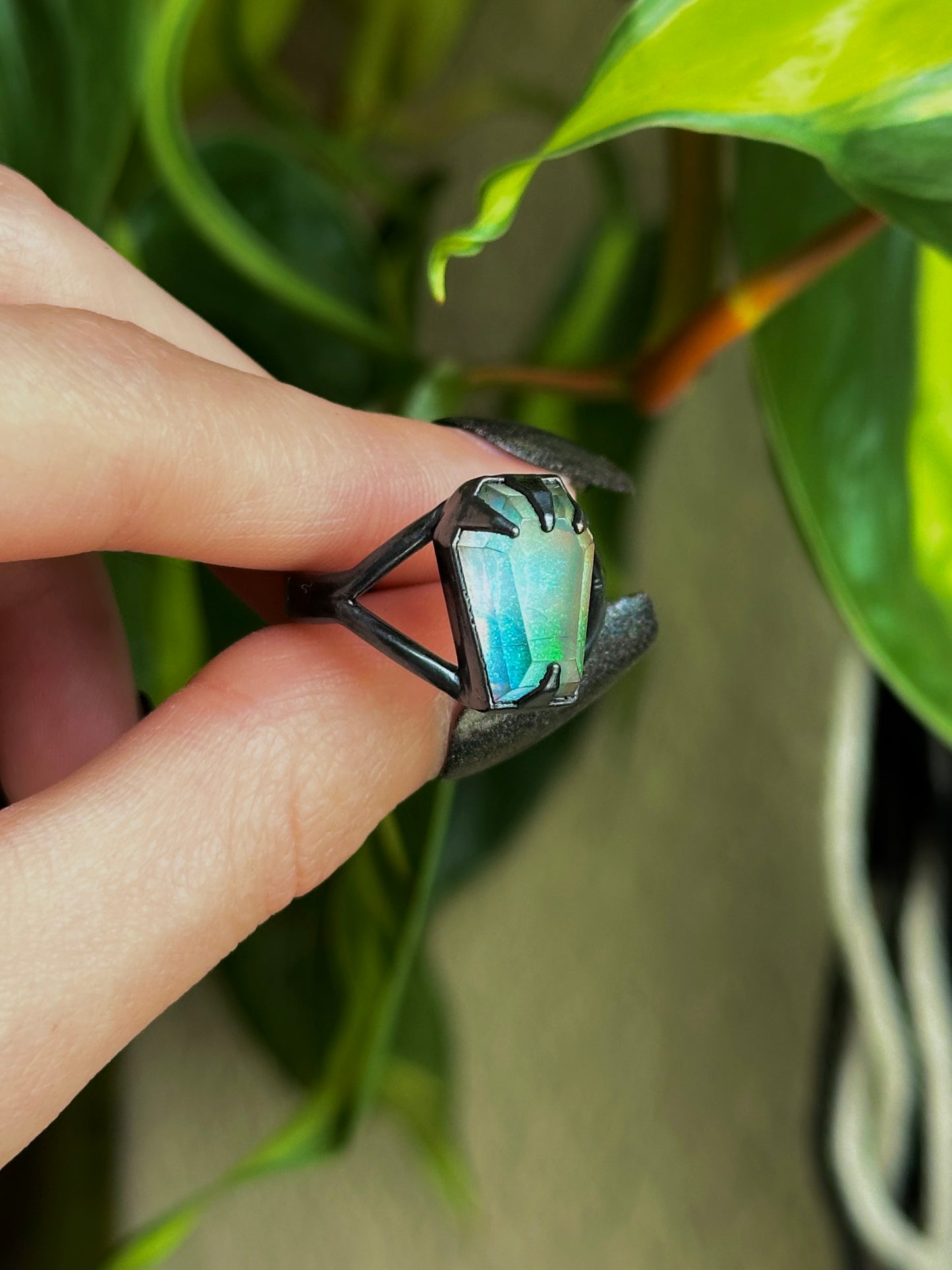 Sterling Opal Coffin Ring