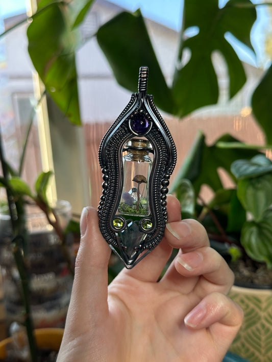 Moss agate, Peridot, and Amethyst Mushroom Terrarium Amulet