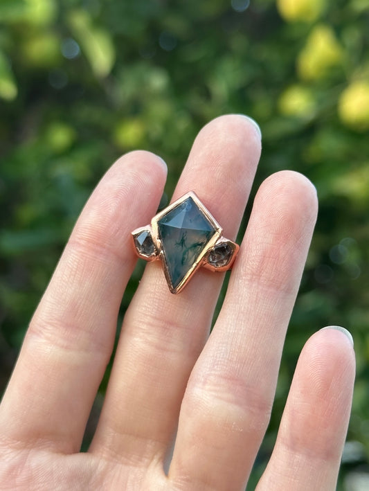 Moss Agate and Herkimer Diamond ring