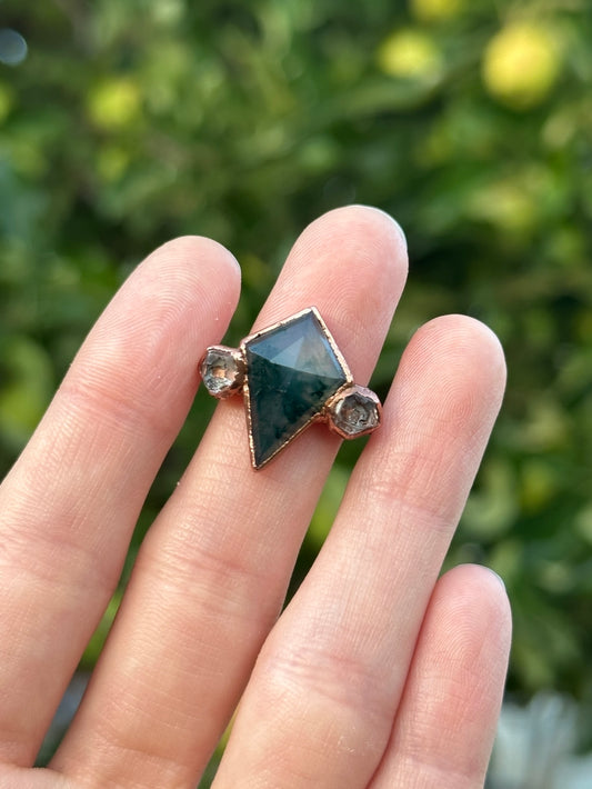 Moss Agate and Herkimer Diamond ring