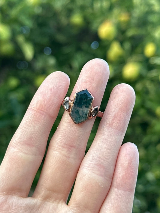 Moss Agate and Herkimer Diamond ring