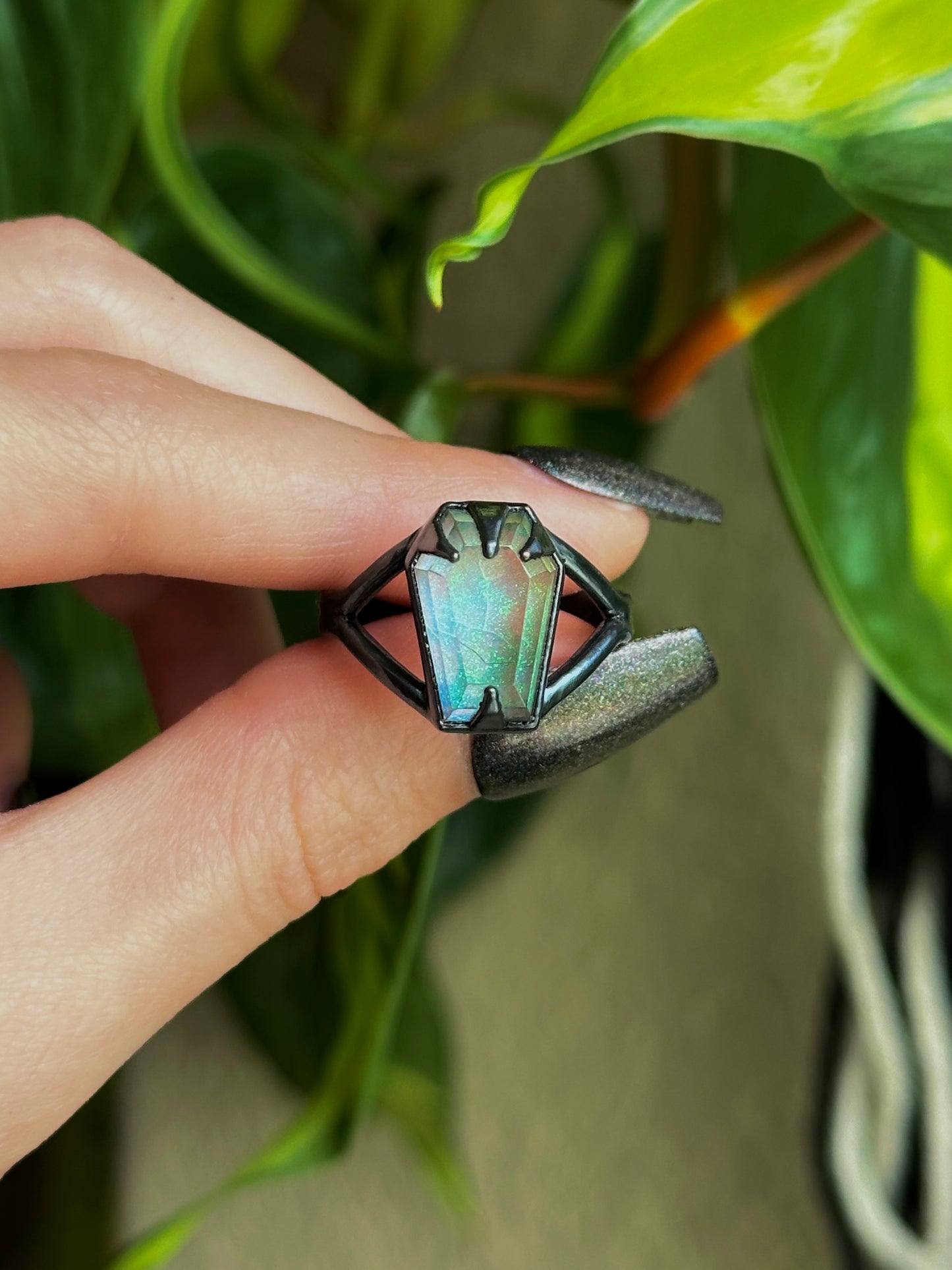 Sterling Opal Coffin Ring