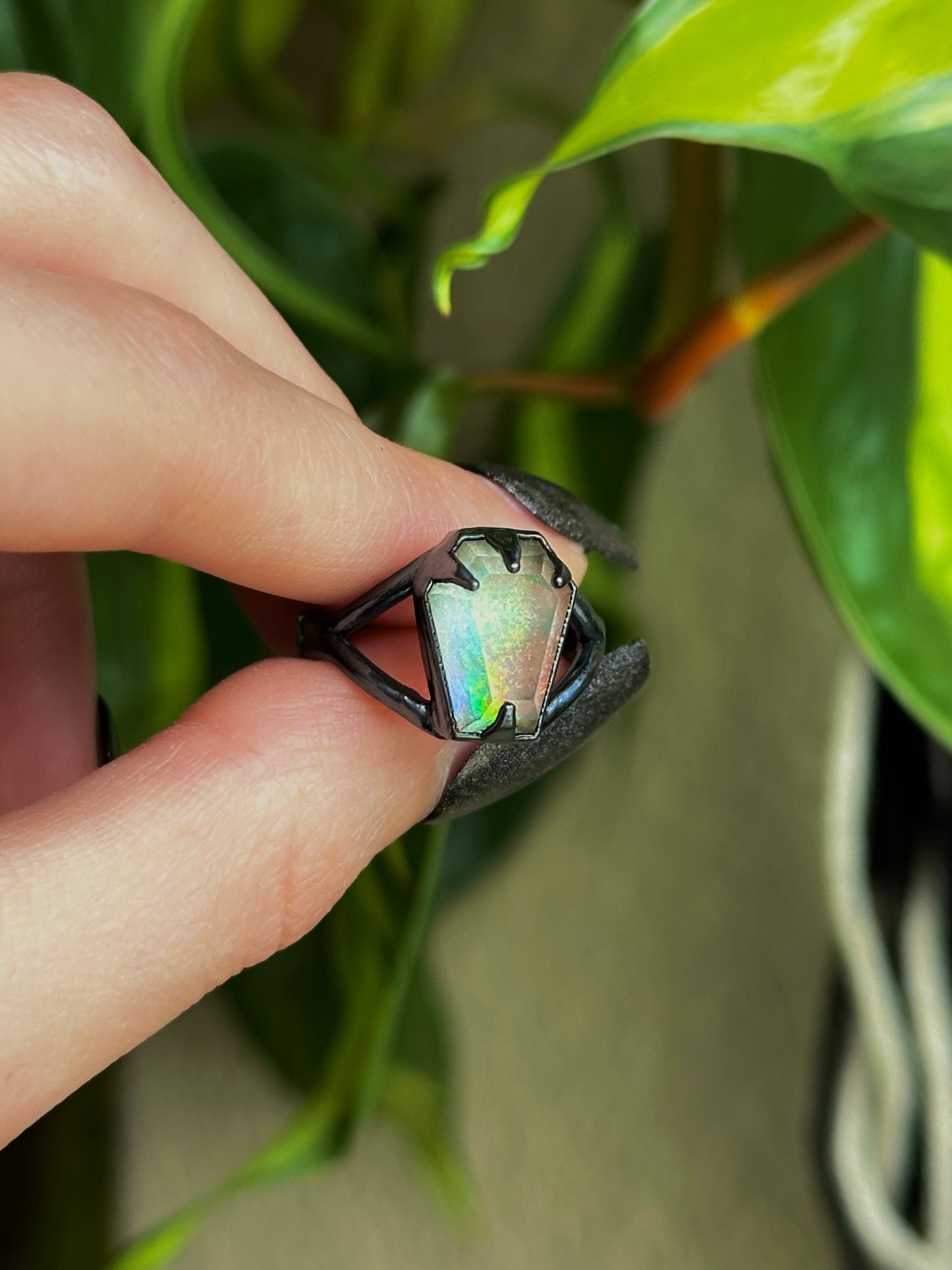 Sterling Opal Coffin Ring