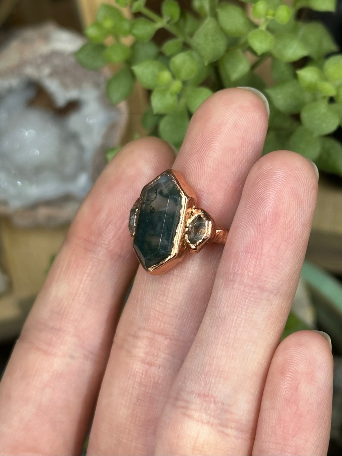 Moss Agate and Herkimer Diamond ring