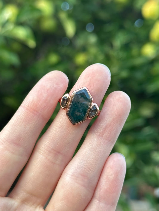 Moss Agate and Herkimer Diamond ring