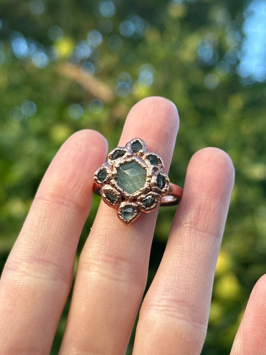 Amazonite, Golden Rutilated Quartz, and Herkimer Diamond ring