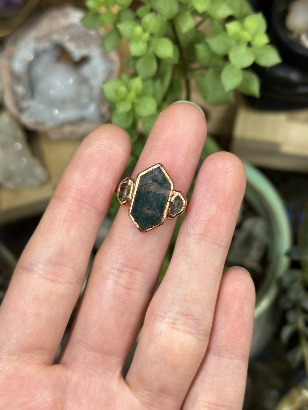 Moss Agate and Herkimer Diamond ring