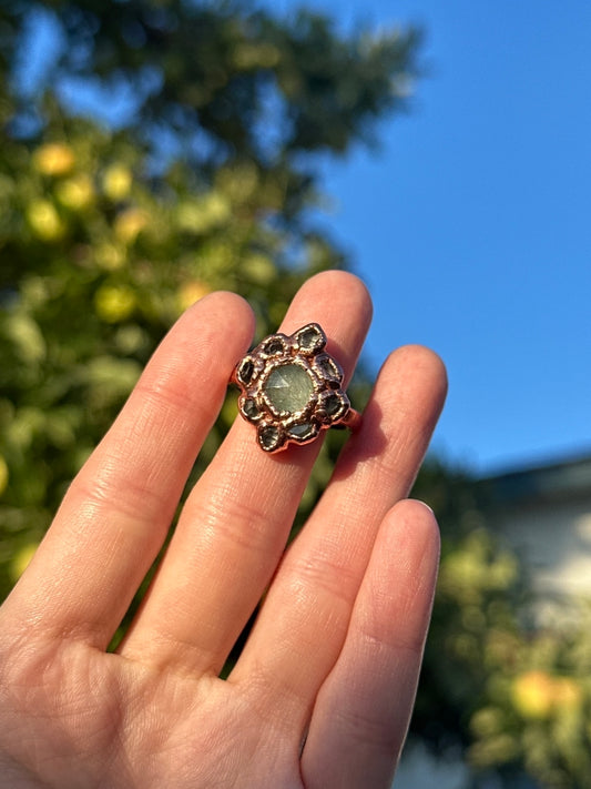 Amazonite, Golden Rutilated Quartz, and Herkimer Diamond ring