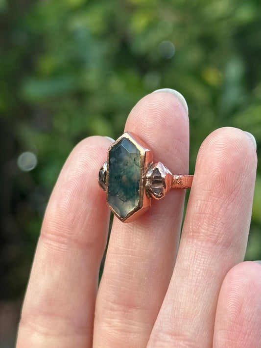 Moss Agate and Herkimer Diamond ring