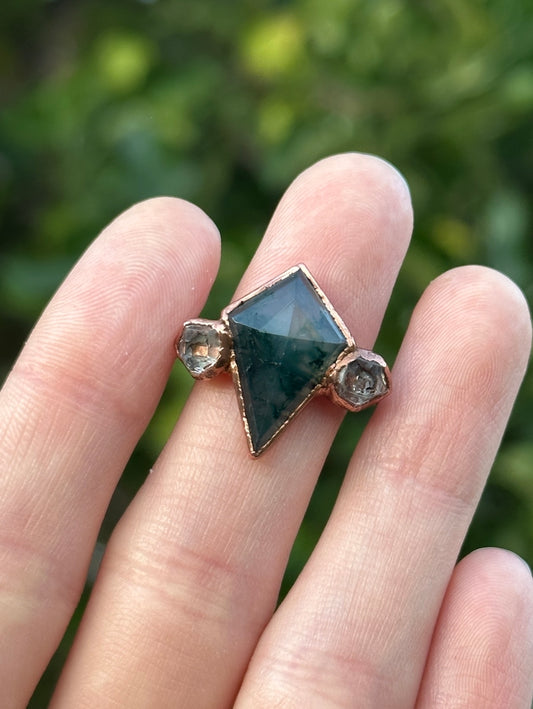 Moss Agate and Herkimer Diamond ring