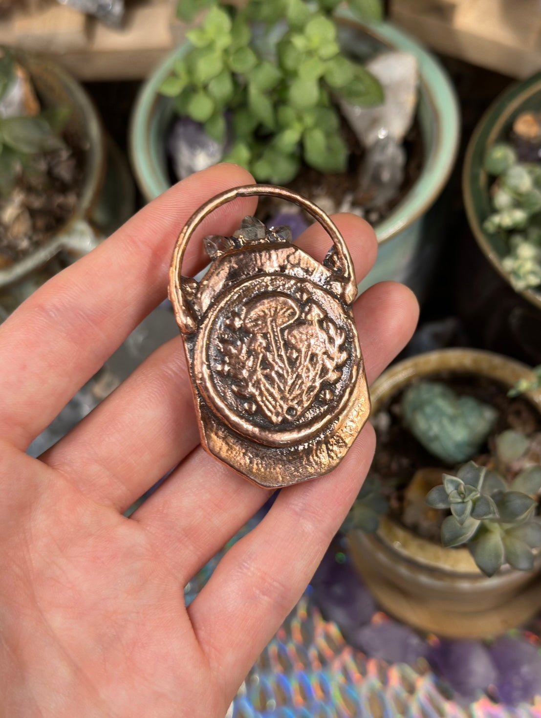 Mushroom moon phase electroformed pendant