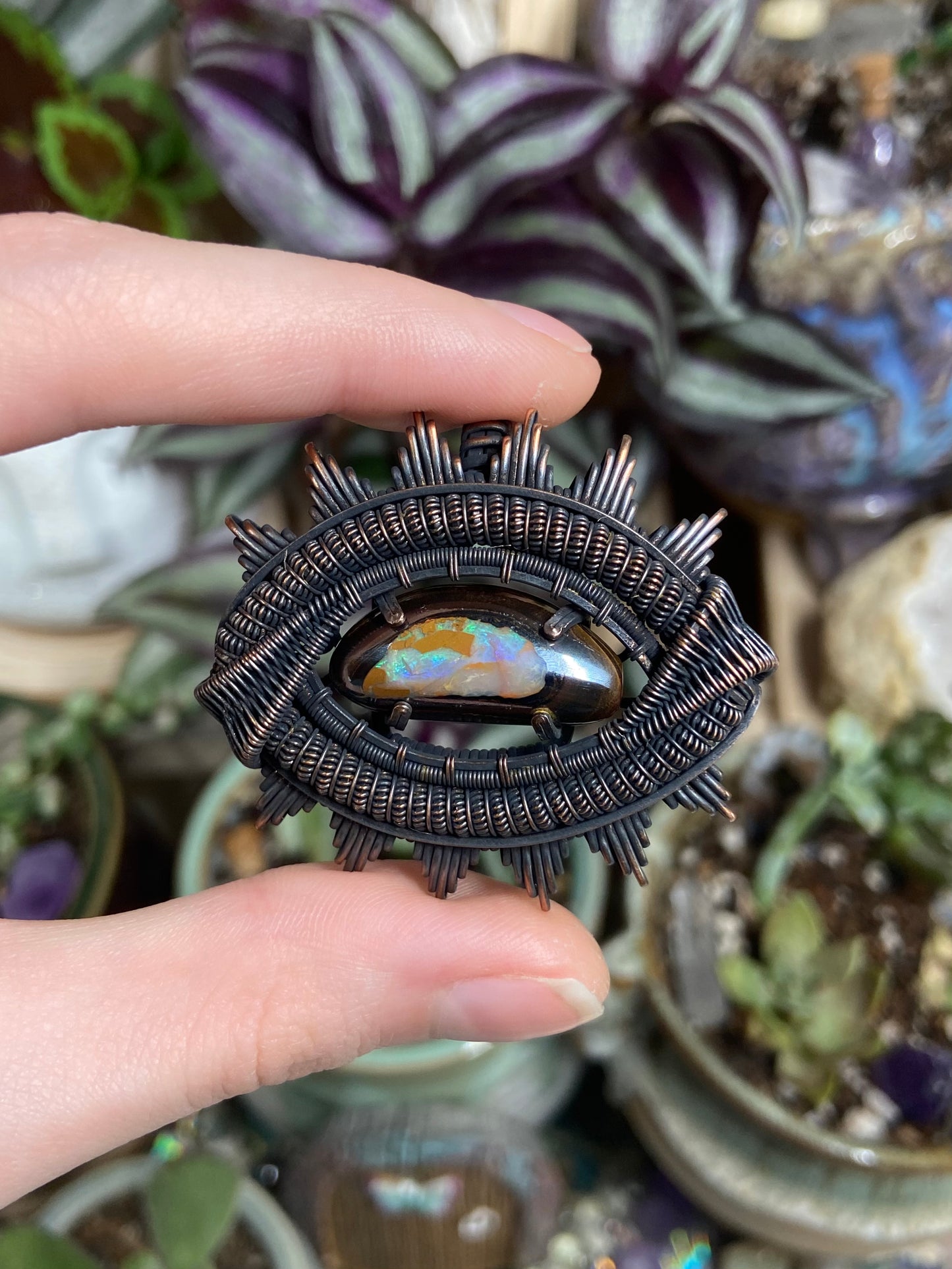 Australian Boulder Opal eye amulet in copper