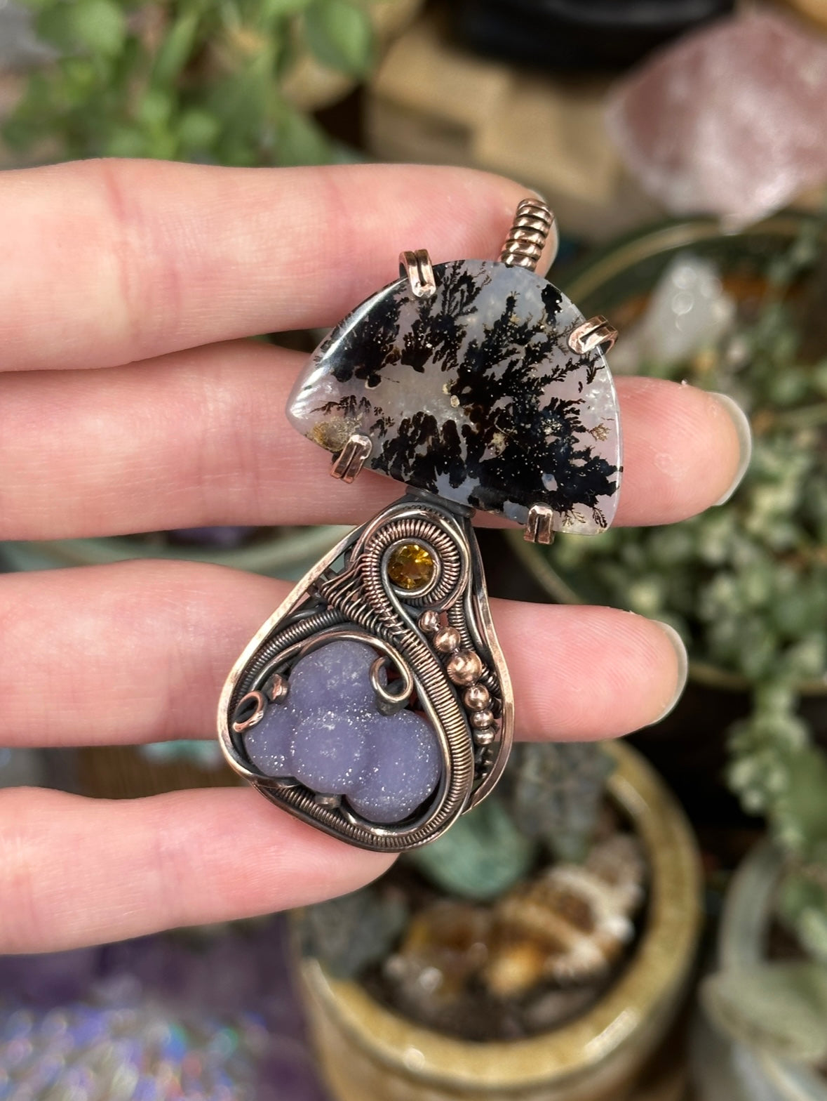 Dendritic Agate, Grape Agate, and Citrine mushroom amulet