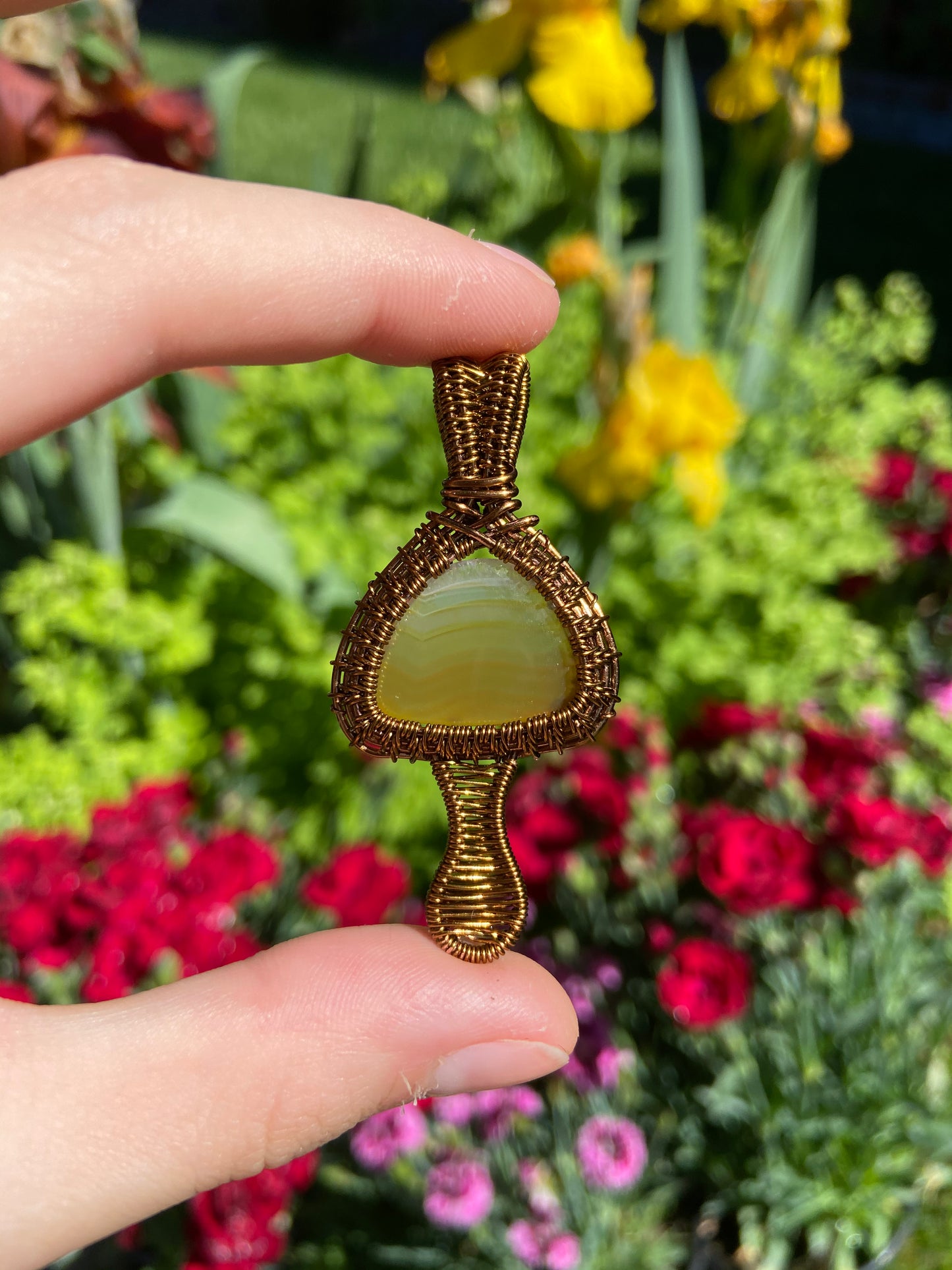 Iris Agate mushroom pendant in antiqued copper