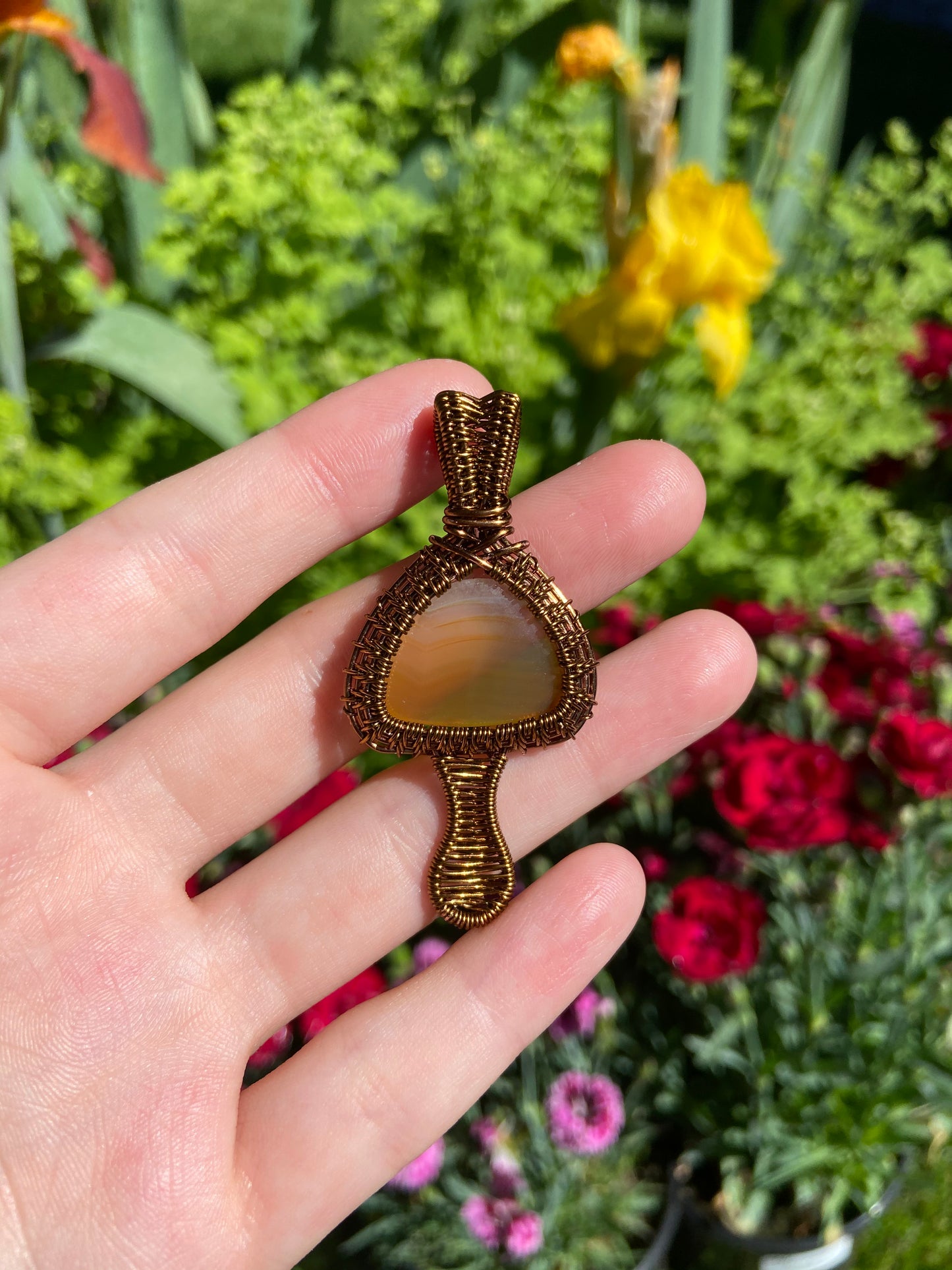 Iris Agate mushroom pendant in antiqued copper