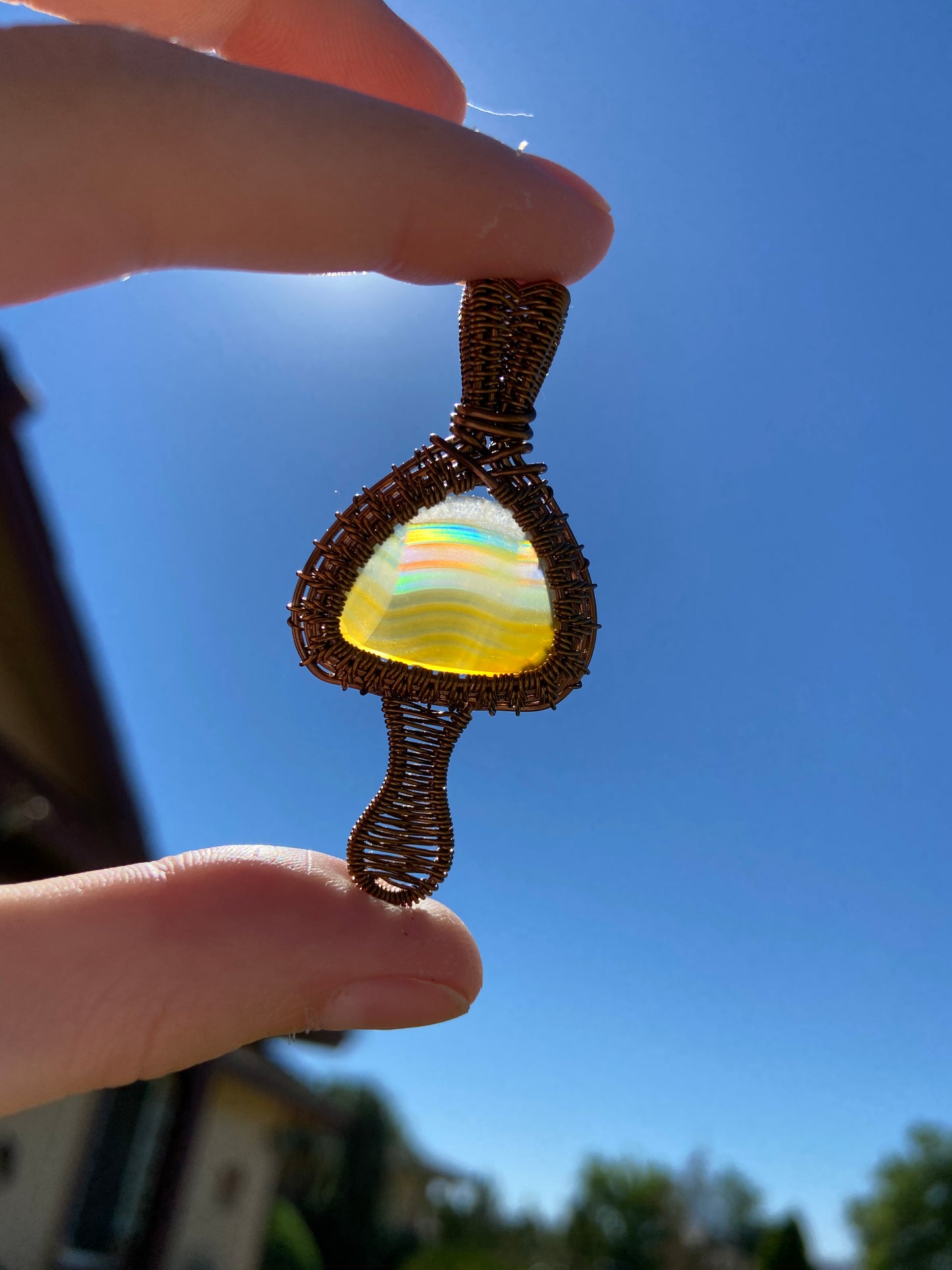 Iris Agate mushroom pendant in antiqued copper