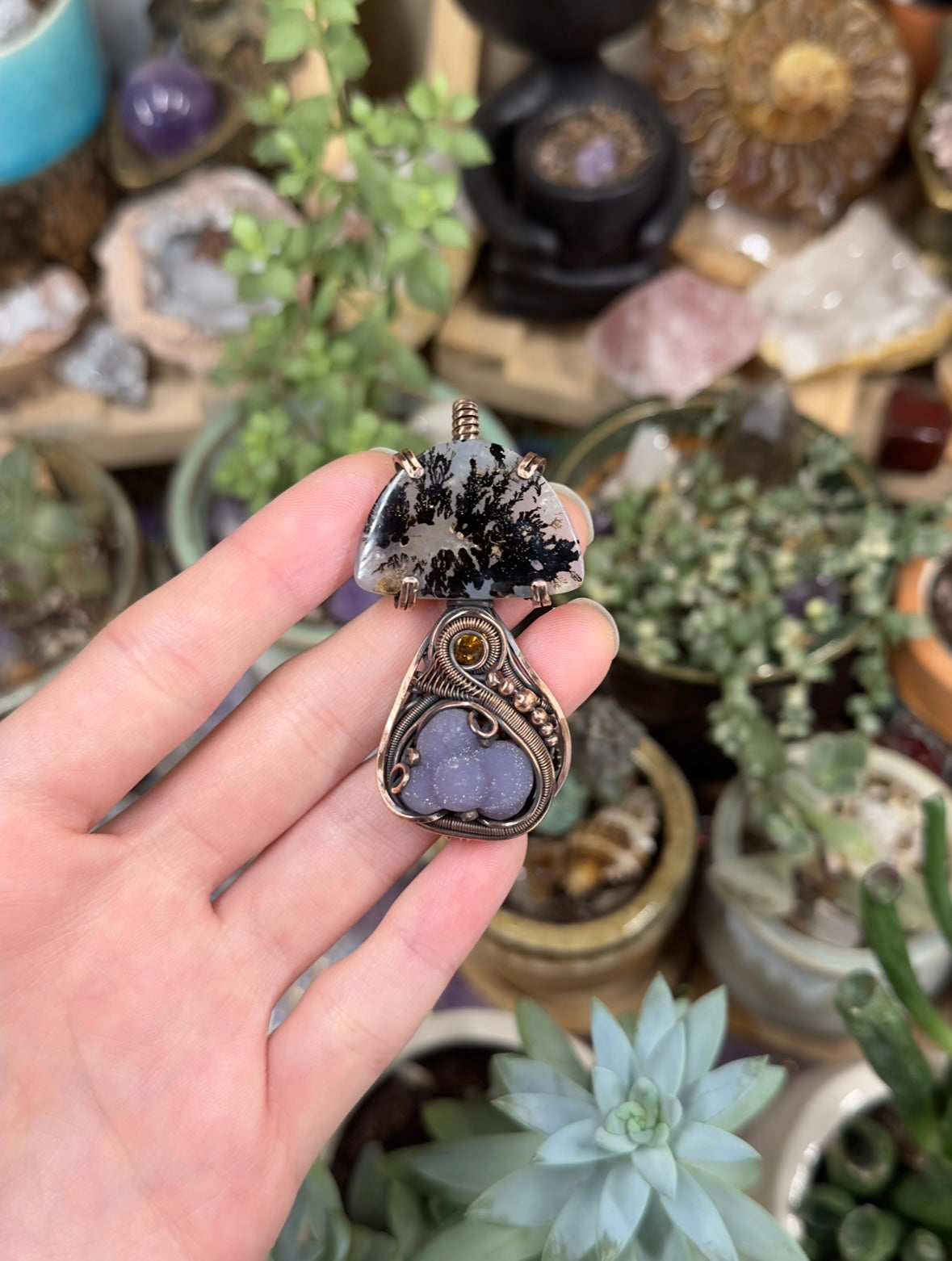 Dendritic Agate, Grape Agate, and Citrine mushroom amulet