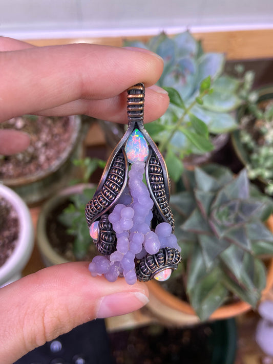 Grape agate and Opal amulet