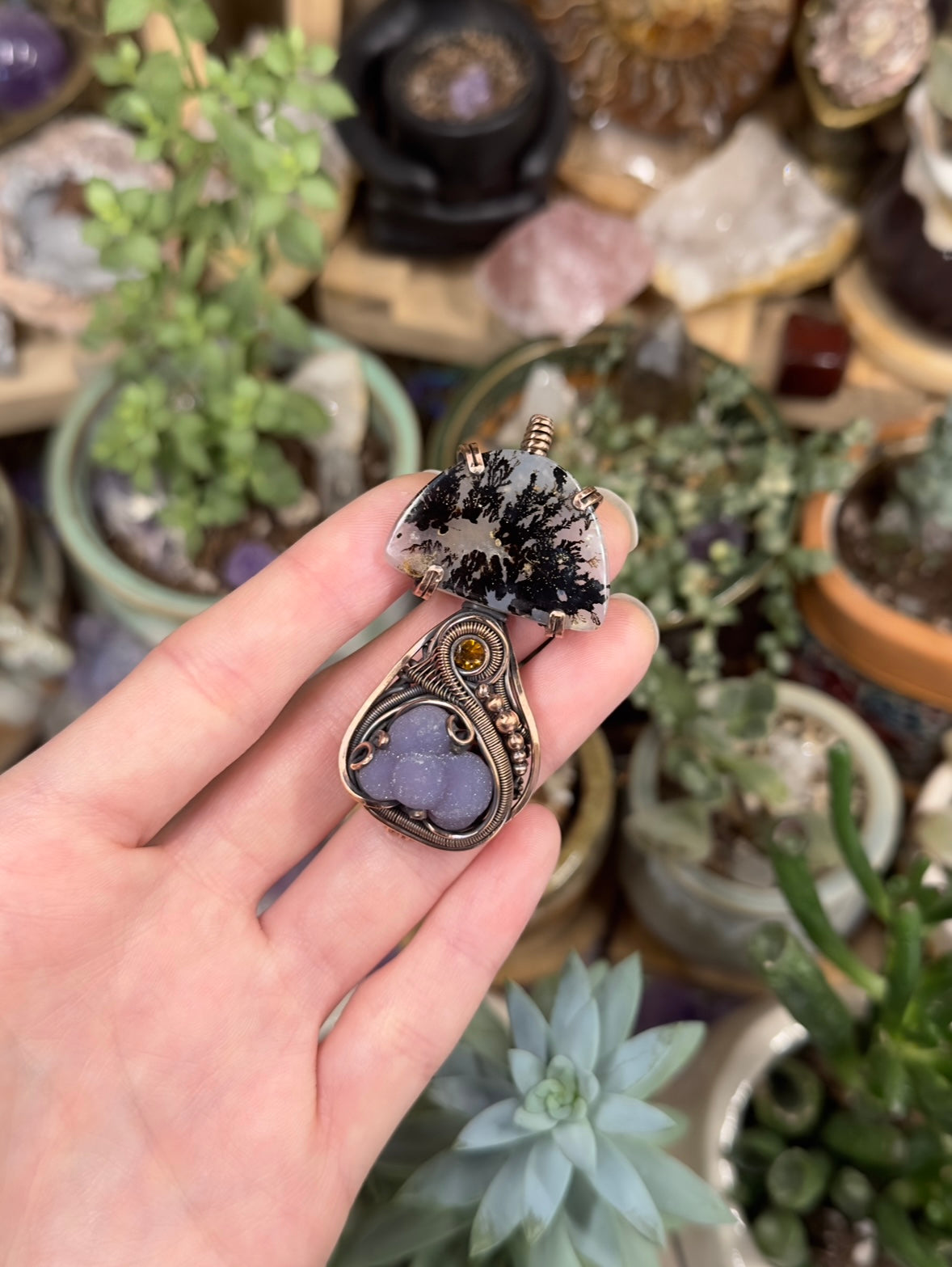 Dendritic Agate, Grape Agate, and Citrine mushroom amulet