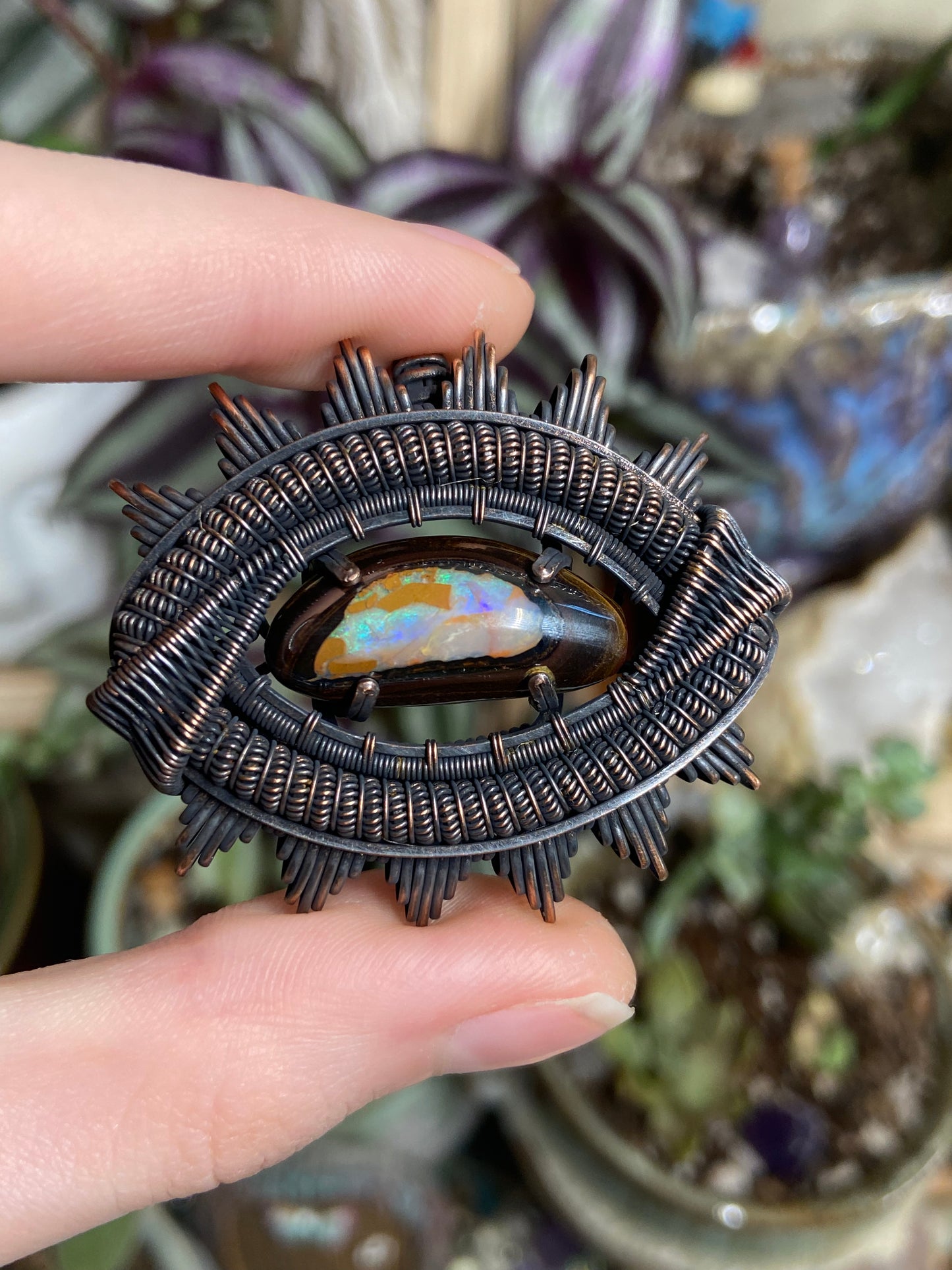 Australian Boulder Opal eye amulet in copper