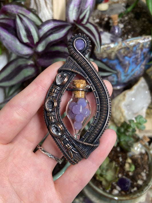 Grape Agate and Herkimer Diamond vial vortex amulet in copper