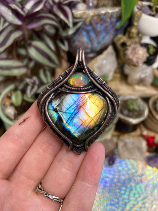 Labradorite and Opal portal amulet in copper