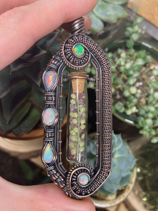 Strawberry Quartz and Opal fern vial amulet