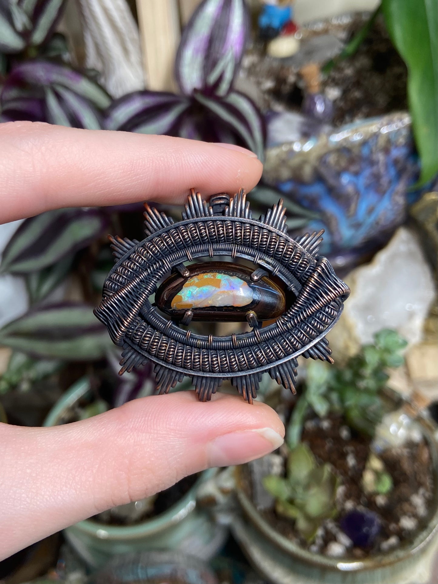 Australian Boulder Opal eye amulet in copper