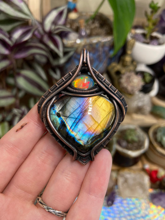 Labradorite and Opal portal amulet in copper