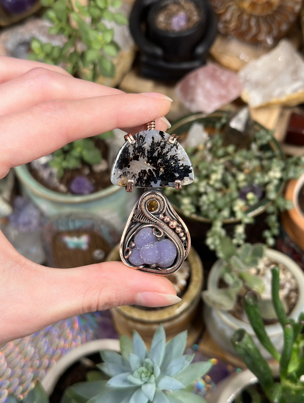 Dendritic Agate, Grape Agate, and Citrine mushroom amulet