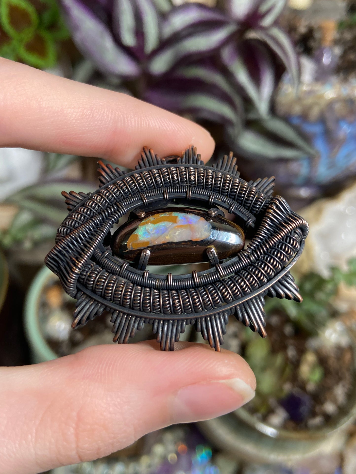 Australian Boulder Opal eye amulet in copper