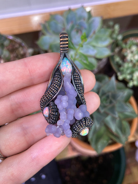 Grape agate and Opal amulet