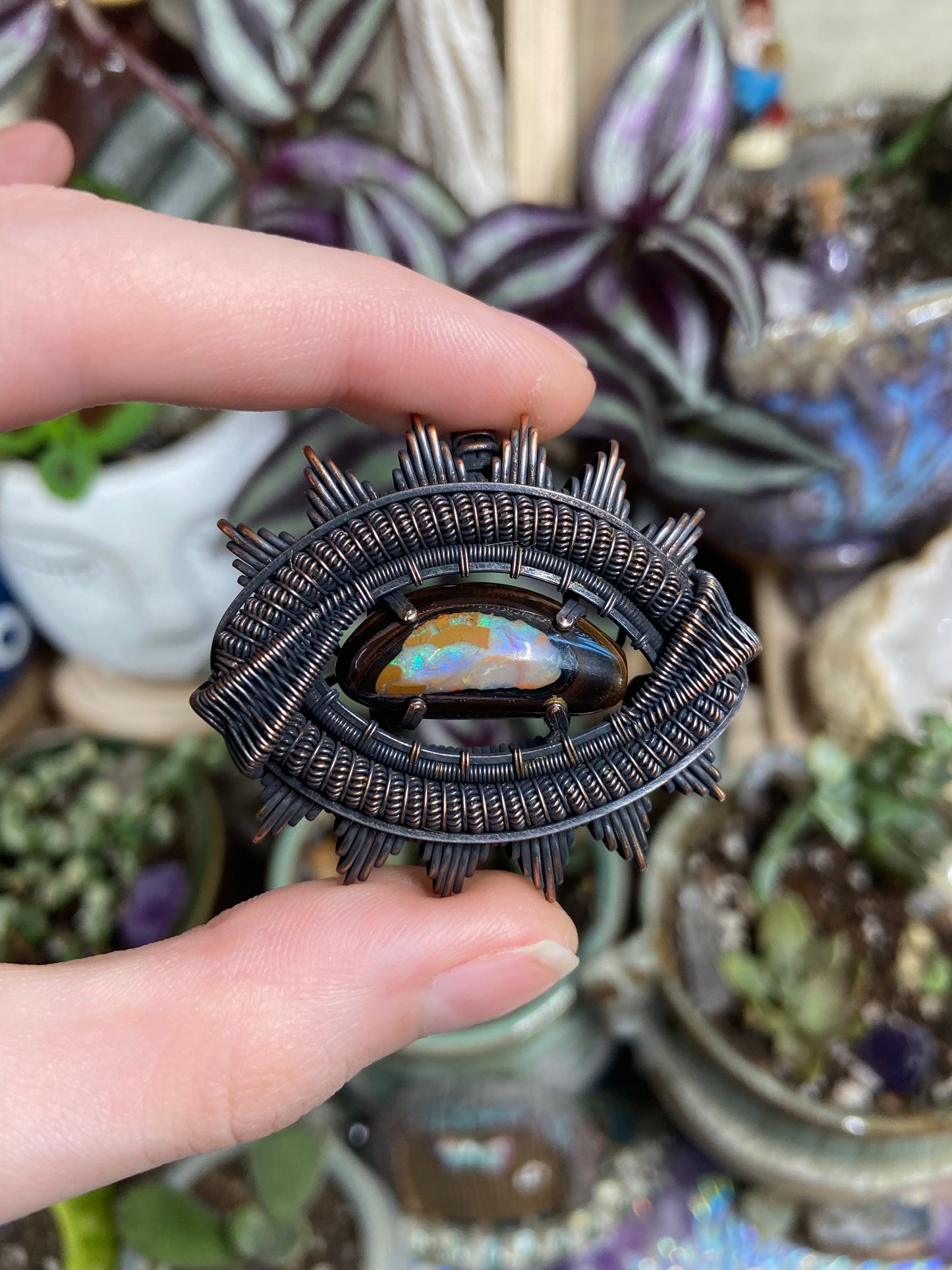 Australian Boulder Opal eye amulet in copper