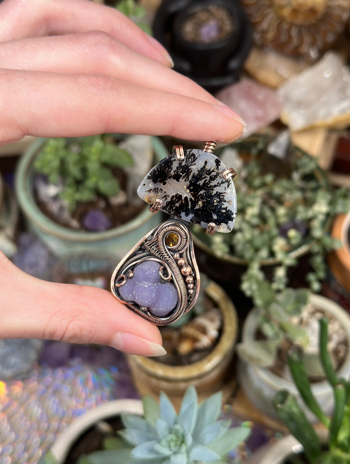 Dendritic Agate, Grape Agate, and Citrine mushroom amulet